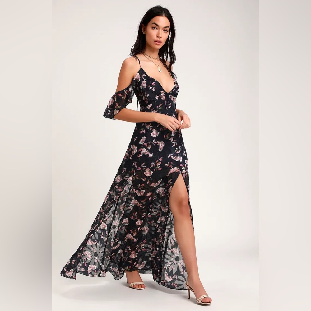 Lulus Abundant Happiness Navy Blue Floral Print Jacquard Maxi Dress, Size S